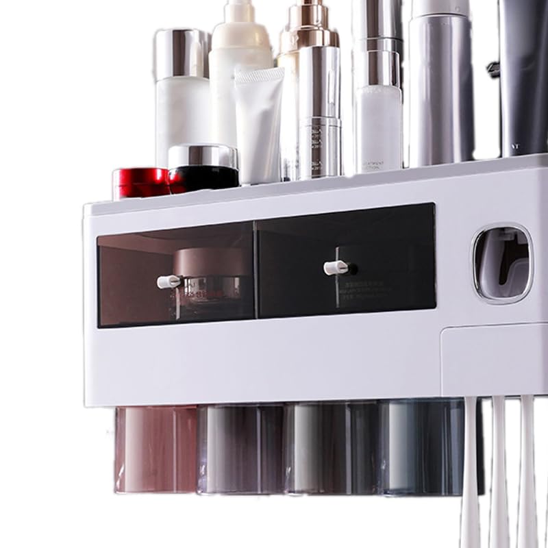 Mensola per Spazzolini da Denti a Parete, Portaspazzolini con Dispenser per Dentifricio per Bagno (Grigio traslucido da 4 tazze)