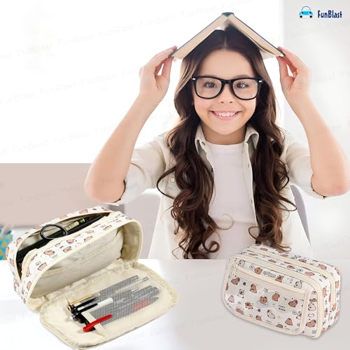Image of FunBlast Large Capacity Capybara Pencil Pouch for Kids, Multipurpose Pouch | 3 Compartment Pencil Case with Transparent Front Pocket | Zipper Stationery Organizer for School, College & Office