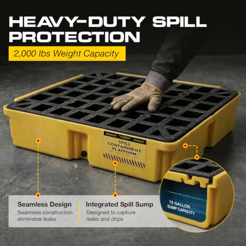 Image of Eagle 1 Drum Spill Containment Pallet with Drain, Made in the USA, Yellow