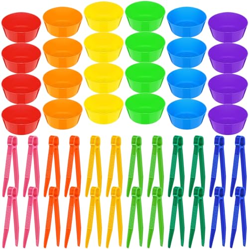 Image of VioraWhite 48 Pcs Sorting Bowls with Tweezers, 6 Color Counting Toy Develops Fine Motor Skills, STEM Early Math Activity Set for Preschool Kids, Ideal for Back to School Learning