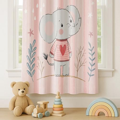 Image of STITCHNEST Velvet Kids Curtains Pack of 1 | Pink Elephant Cartoon Print | Semi Blackout Curtains for Nursery, Baby Girl & Toddler Room | 7 Feet