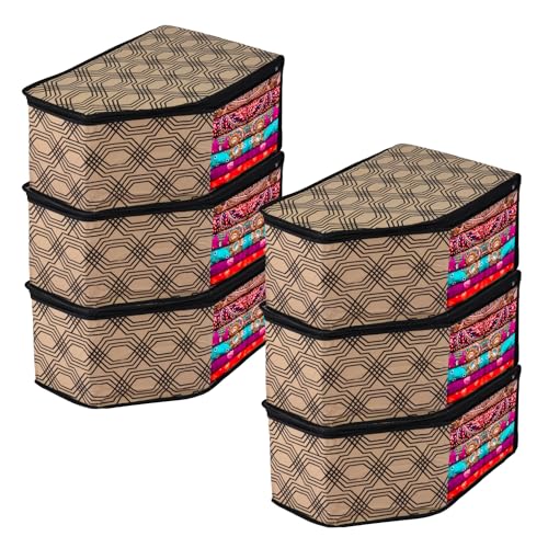 Image of Urbane Home Blouse Cover | Clothes Storage Bag | Zipper Wardrobe Organizers | Non-Woven Clothes Organiser | Side Transparent Blouse Organizer | Honeycomb-Design | Pack of 6 | Coffee