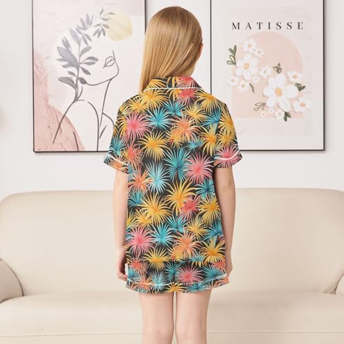 ALAZA Colored Palm Tree Black Satin Pajamas Set Short Sleeve Button Down Sleepwear Summer Pjs 2 Piece4