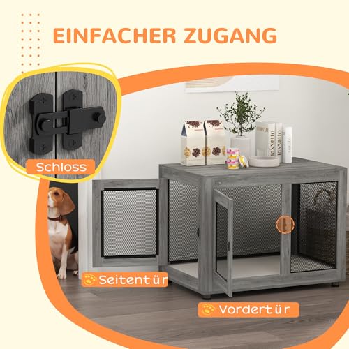 PawHut Hundekäfig Möbel mit 2 Türen waschbaren Kissen Moderne Stahl Hundebox für Zuhause Indoor Hundehütte für große Hunde bis zu 30 kg Hundehaus 94x60x71,5 cm Grau