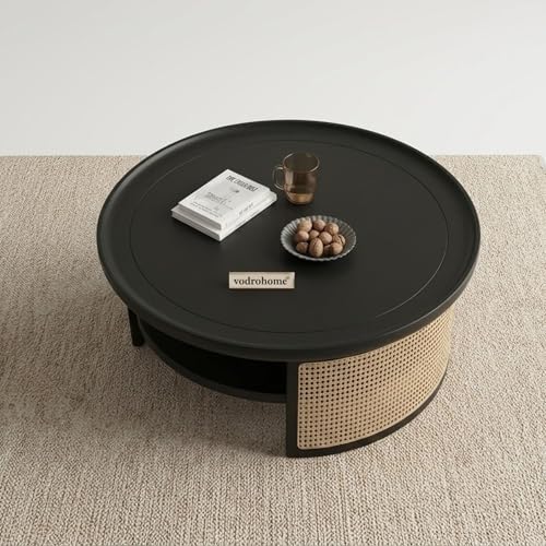 Image of Rattan Coffee Table - Cane Center Table with Shelf for Storage - Bohemian Solid Mango Wood Coffee Table for Office and Living Room C#042 (Matte Black)