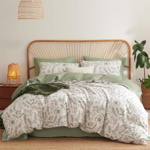 Freyamy Housse de Couette Fleurie 220x240+2 Taie d'oreiller 65x65cm Vert Feuilles Floral Parure de lit 2 Personnes Adulte Fleurs Sets de Housse Couette en...