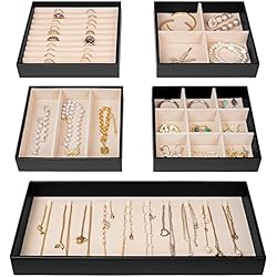 Cajones Armario Plastico Procase Juego de 5 Bandejas Organizadora para Joyería, Organizadores Apilables para Cajón Tocador Armario, Exhibidor de Collares Pendientes Pulseras Anillos Relojes, Regalo para Mujeres Chicas -Negro