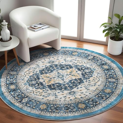 Image of Carvapet 4ft Round Rug Dark Blue Vintage Washable Low Pile Circle Rugs