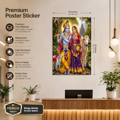 Image of Rangoli Radha Krishna Self Adhesive Poster 12x18 Inch | Hindu God Wall Sticker Poster with Cow & Calf for Home Temple Pooja Room Living Room Bedroom Decor | Spiritual Devotional Wall Art