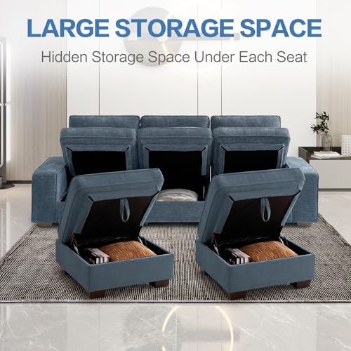 Image of TEKAMON 100 inch Modular Sectional Sofa with Seats Storage, L Shaped Couch with Movable Ottoman for Living Room, Couch with Chaise, Solid Wood Frame, Spring Cushions, USB Port, Removable Covers, Blue