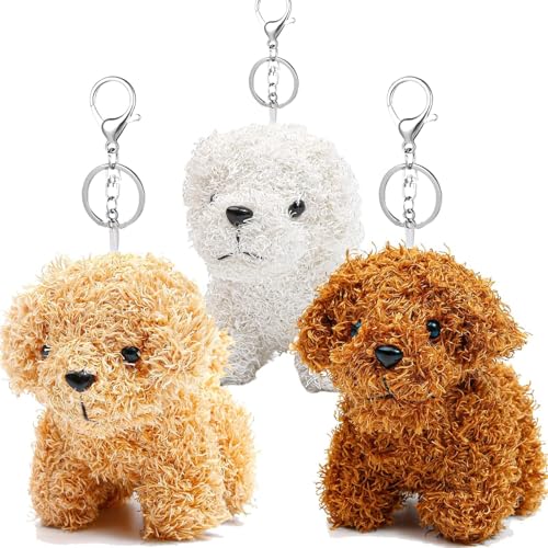 ANBOOR 3 Kleine Kuscheltiere 12cm Süßes Hündchen-Plüsch-Stofftier Mit Schlüsselanhänger Für Partygeschenke, Baby Shower,Kindergarten (Braun, Weiß, Hellbraun)