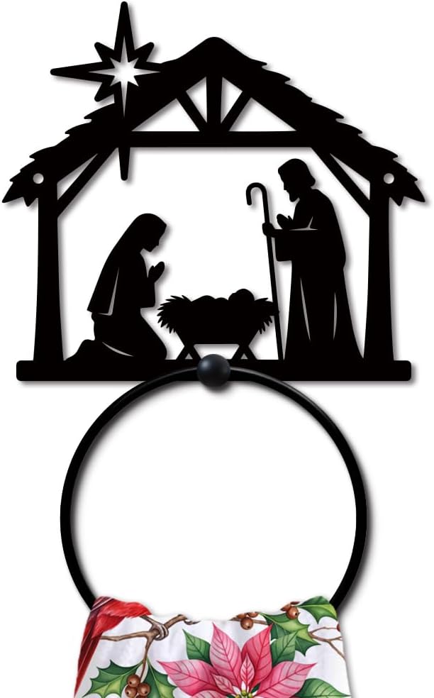 MAYJOYDIY Birth of Angel Metal Towel Ring, Angel Black Hand Towel Holder, Metal Nativity for Christmas Decorations Hanging Ring Wall Mounted Bathroom Accessories for Bathroom Kitchen Home Decoration