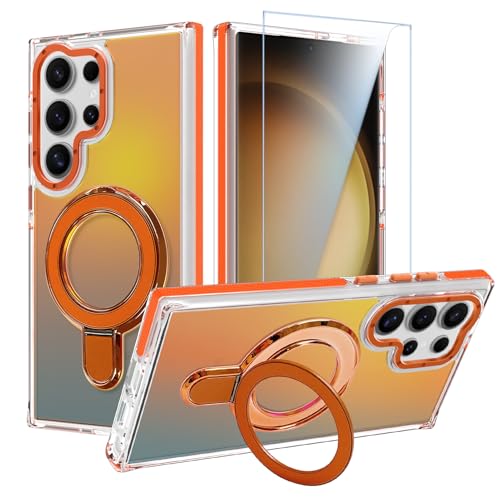 Image of Magnetic for Samsung Galaxy S23 Ultra Case with Stand [Compatible with Magsafe] [Cute Fluorescent Design] [1 Screen Protector] Slim Translucent Matte Case for Galaxy S23 Ultra 6.8 inch, Orange