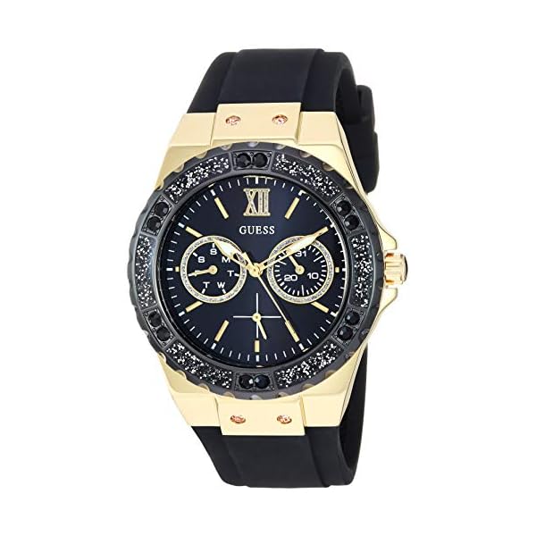 GUESS Gold-Tone Stainless Steel + Black Stain Resistant Watch with Day + Date Functions. Color: Black (Model: U1053L7)