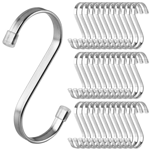 LOLYSIC 36 ganchos en S de acero inoxidable, planos, en forma de S, multifuncionales, para colgar utensilios de cocina, toallas, ropa, plantas, herramientas de jardín, hasta 5 kg (plata)