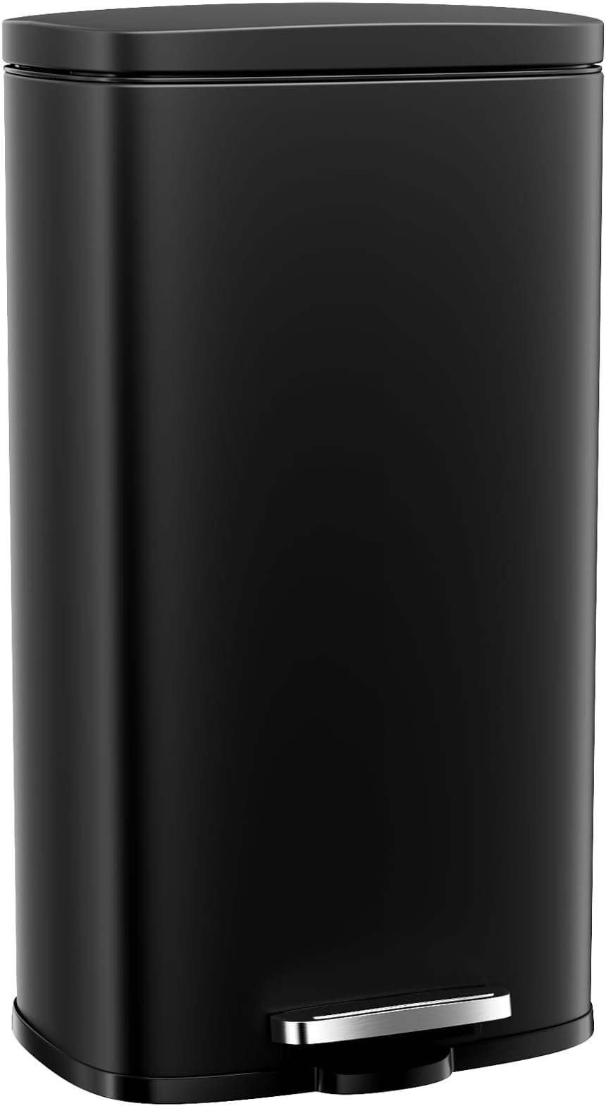 Arlopu13.2 Gallon Step Trash Can, Stainless Steel Garbage Bin, Soft-Close Rubbish Bin with Removable Plastic Inner Bucket, Fingerprint-Proof, Lid Dustbin, Suit for Kitchen Home (Black, 50L)