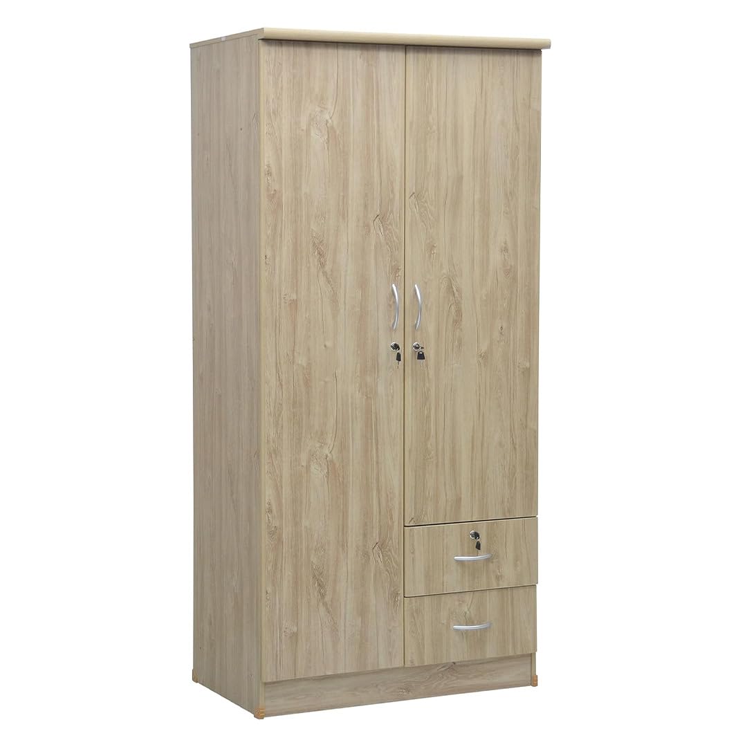 Multi Home Furniture Light Oak Storage Cabinet - Big Cupboard, 2 Door Wardrobe with Shelf's & Hanging Rail Cabinet for Clothes, Key Lock Wardrobe Organizers and Storage, Drawers for Bedroom Furniture