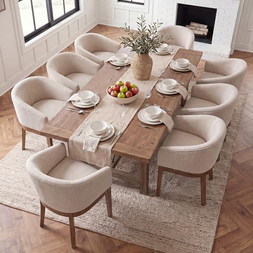Image of HNY Barrel Dining Chairs Set of 8, Mid Century Modern Upholstered Dining Chairs with Arms, Linen Kitchen & Dining Room Chairs, Solid Wood Frame Accent Chairs for Kitchen, Apartment, Beige