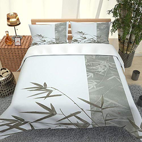 KAABUN Sets De Housse De Couette Art de Feuille de Bambou Blanc 140X200Cm 2 Taies D'Oreillers 65X65cm 3 Pièces Doux Et Respirant Microfibre Doublures De Lit Cover