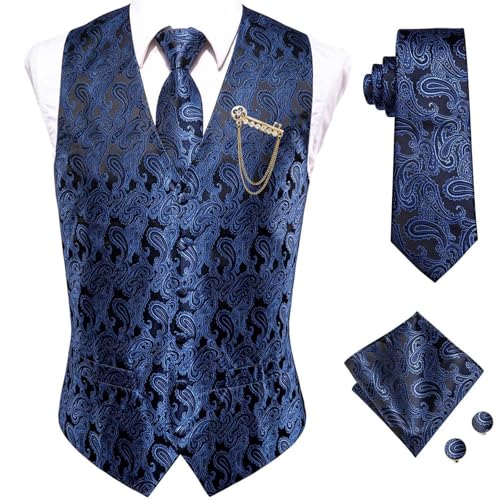 Men’s Navy Blue Paisley Silk Vest with Tie Classic Textured V-Neck Waistcoat for Wedding, Business, or Formal Party2