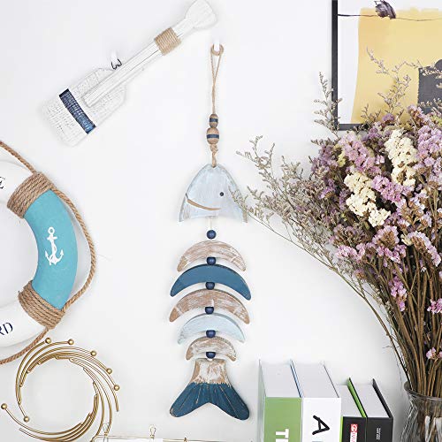 YiYa 24.4" Wooden Decor Fish Bones with Beads for Nautical Decoration, Wall Decor Door Hanging Ornament Beach Theme Garden Office Home Decoration(Blue) - Image 6