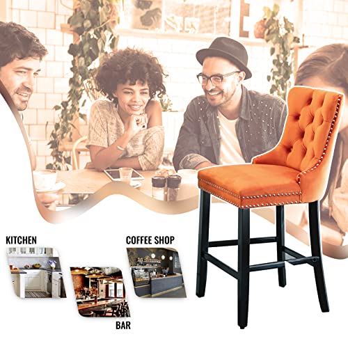 Dklgg Upholstered Counter Height Bar Stools Set Of 2, Velvet Tufted Bar Stools With Back And Footrest, Farmhouse Kitchen Island Stools Dining Room Chairs, 27.2''H, Chrome Nailhead Trim(Orange) #TOP7