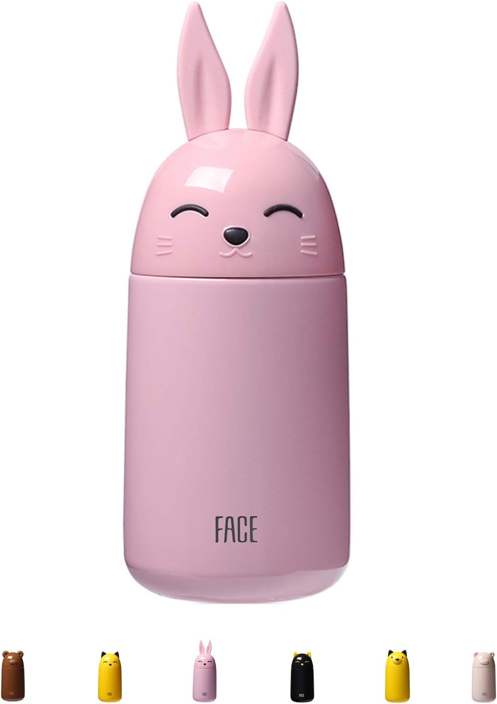 FACE Cute Water Bottles for Teen Girls Bunnies Animal Shaped Small Stainless Steel Vacuum Bottle 300ml/10OZ Pink