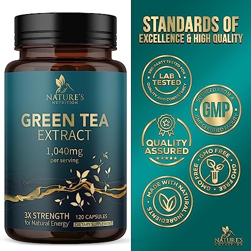Nature's Green Tea Extract Pills 98% Standardized Egcg 1000Mg - 3X Strength For Natural Energy & Supports Heart Antioxidant Health - Herbal Supplement With Polyphenols, Vegan, Non-Gmo - 120 Capsules #TOP3