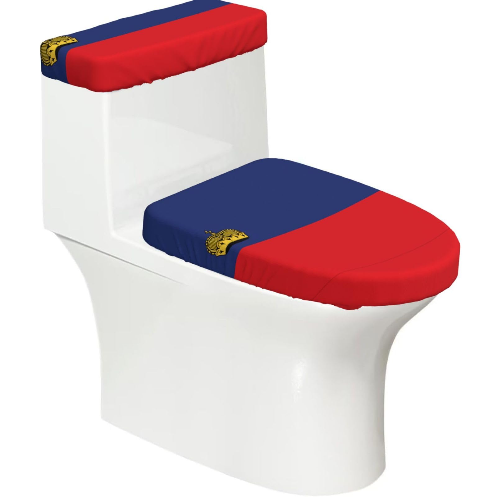 Flag of Liechtenstein Elastic Toilet Cover Set of 2-Stretchy Lid and Tank Covers for Bathroom, Soft Washable U Shape Toilet Decor