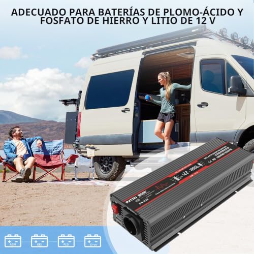 Miniatura 8 de Datouboss Inversor 1800w De 12v A 230v De Onda Sinusoidal Pura Convertidor De Voltaje Pico De Potencia 3600w Con Tomas Eu, Salida Usb Y Pantalla Led Para Electrodomésticos Caravana Camión, Negro