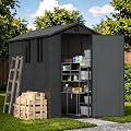 Devoko 4×8 FT Resin Storage Shed with Floor, Garden Plastic Outdoor Shed with Window and Lockable Door, Waterproof Outside Tool shed for Backyard Patio, Dark Grey
