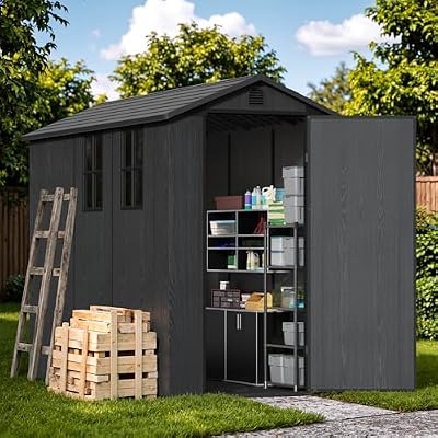 Devoko 4×8 FT Resin Storage Shed with Floor, Garden Plastic Outdoor Shed with Window and Lockable Door, Waterproof Outside Tool shed for Backyard Patio, Dark Grey