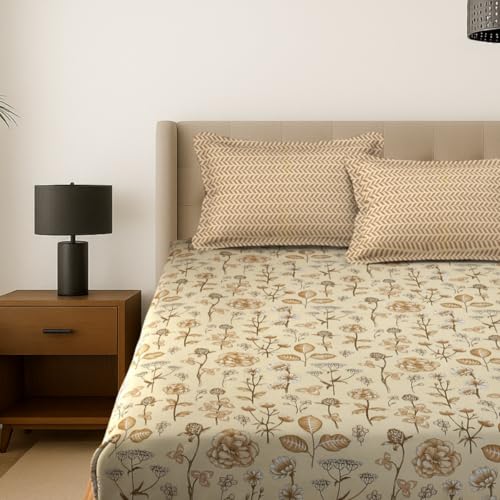 Image of Mafatlal Plush 140 GSM Double Bed Sheet | 90 x 100 Inches | Lightweight Microfiber Cloth | Queen Size | Soft & Stylish | Light Beige & Brown