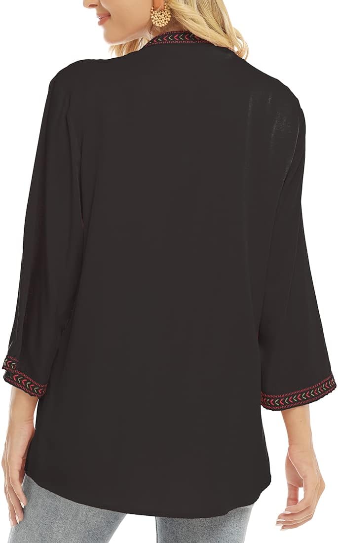 AK Embroidered Tops for Women 3/4 Sleeve Bohemian Mexican Floral Peasant Shirts Loose Tunic Blouses - Image 4