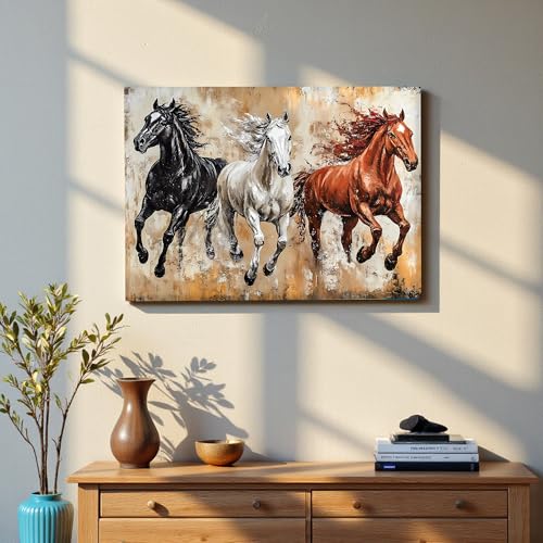Image of 3 Running Horses Vastu Canvas Wall Art Painting For Living Room, Symbol of Strength Three Vastu Horse Painting, Abstract Elegant Horse Wall art for Home & Office, 22x34 Inch