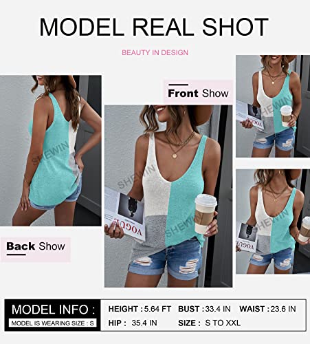 Shewin Tank Top For Women 2023 Casual V Neck Sleeveless Shirts Trendy Color Block Loose Knit Summer Tops Clothes Outfits,Us 12-14(L),Sky Blue #TOP2