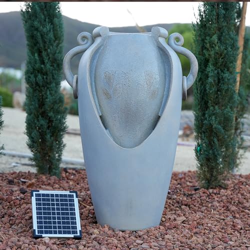 Image of XBrand 34 inch Solar Pot Fountain, Amphora-Inspired Design, Outdoor Water Fountain, Polyresin, Gray