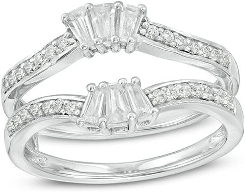 Round & Baguette Cut Simulated Diamond Solitaire Enhancer Ring For Womens & Girls 14k White Gold Plated 925 Sterling Silver.