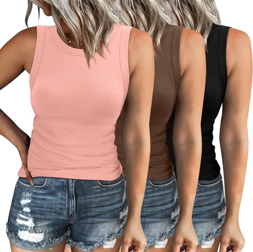 XIEERDUO Womens Tank Tops Basic 3 Piece Summer High Neck Racerback Workout Solid Color Trendy Shirts Black Brown Pink 2XL