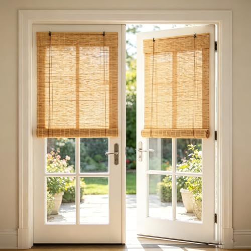 Persianas romanas para ventanas interiores Persianas de caña tejidas naturales, persianas de bambú con filtro de luz para ventanas, hogar, patio, porche, casa de campo (marrón claro, A: 1,4 x h:2 m)