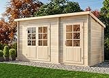 Alpholz Gartenhaus Martina-28 mit Anbau aus Massiv Holz | Gerätehaus mit 28 mm Wandstärke | Garten Holzhaus inklusive Montagematerial | Geräteschuppen 450 x 200 cm | Pultdach