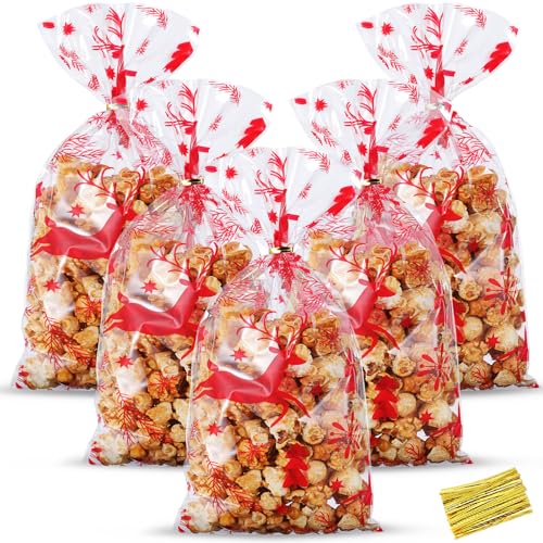 HESTYA 50 Pcs Christmas Flat Clear Cellophane Treat Bags, red, elk