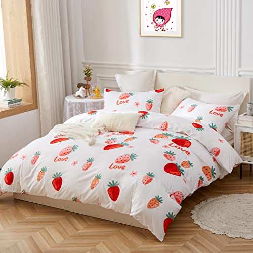 Lamejor White Duvet Cover Set Twin Size Strawberry/Love Print For Boys Girls Soft Bedding Set Comforter Cover (1 Duvet Cover+2 Pillowcases) #TOP2