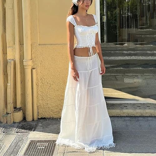 Y2K Lace Floral 2 pcs Sets Summer Elegant Outfits Square Neck Lace Up Tie Front Top Dress Sets Festival Club2