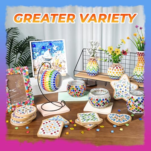Joyclub 6 Sets DIY Glass Mosaic Tiles for Crafts Mosaic Kits for Adults and Kids with Wooden Coasters for Drinks Tray Creative Handmade Making Supplies Home Decor Art Christmas Gifts