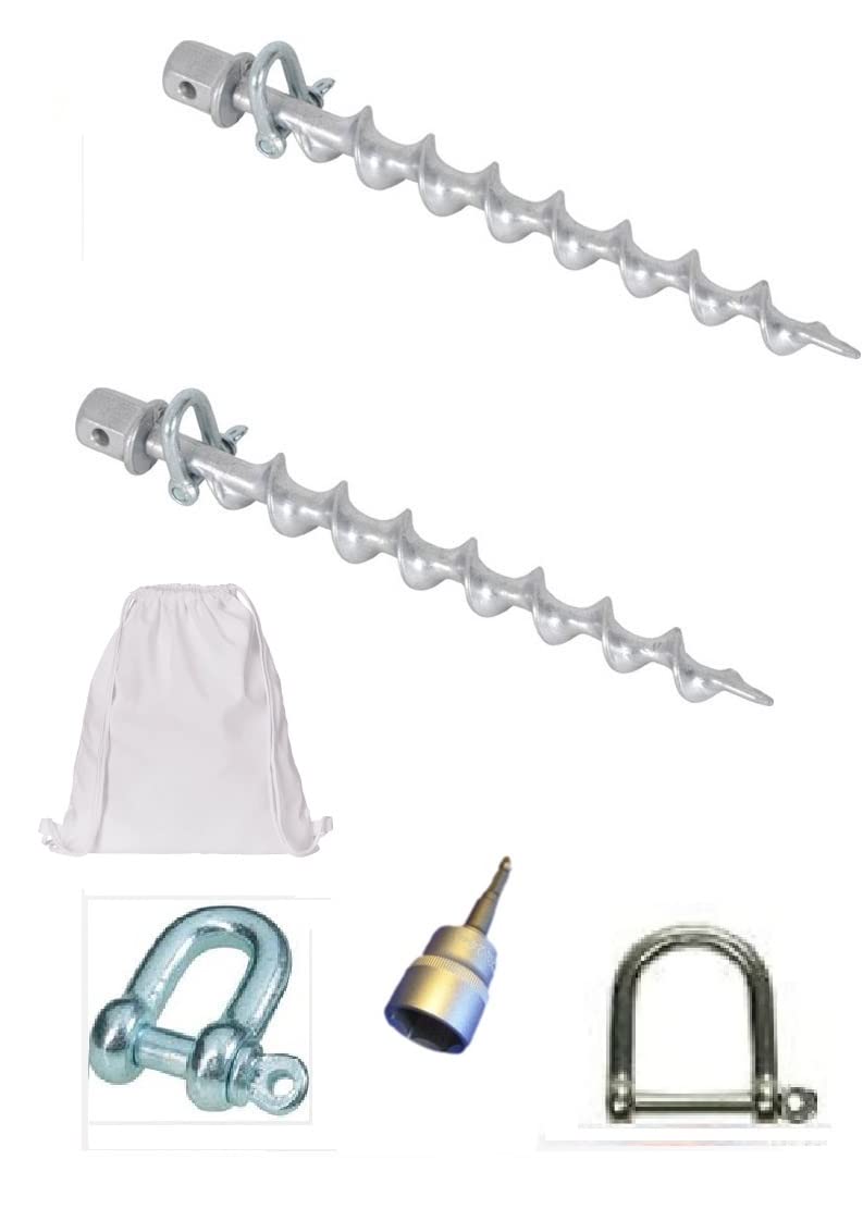 2 Stück ZELTHERINGE ALU mit einem WURMSCHRAUBEN Gewinde mit 24 mm NUSSADAPTER + 2 x STAHLSCHÄKEL 16 mm Ø + 2 x Edelstahl Schäkel, 24mm breit Rostfrei