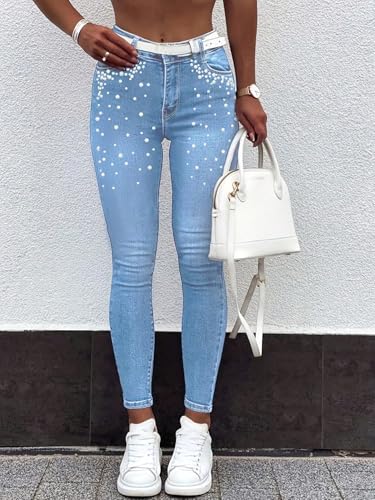 High Waisted Jeans for Women Stretchy Skinny Pearl-Embellished Long Denim Pants Tummy Control Sparkle Detailing4