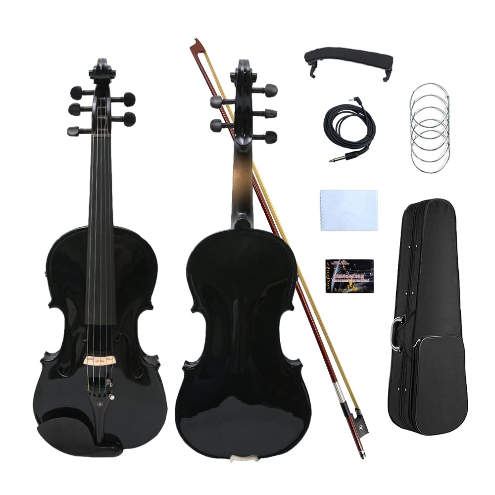 Acoustic Electric Violin 4/4 Full Size, 5 string Solid Maple Spruce with Ebony Fittings, Free Case and Bow, Beginner Kit for Adults (Black)
