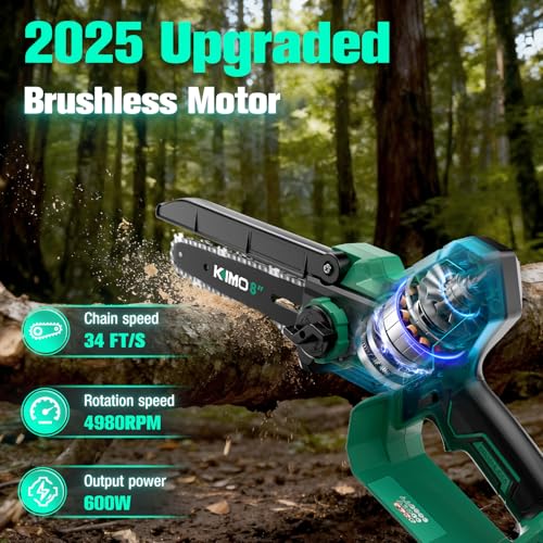 Image of KIMO Brushless Electric Chainsaw Cordless, 4.0Ah Battery & Fast Charger, Handheld Chain Saw with Auto Oiler, Battery Powered Chainsaw Electric for Tree Trimming, 34 FT /S Cutting Speed, 8-INCH