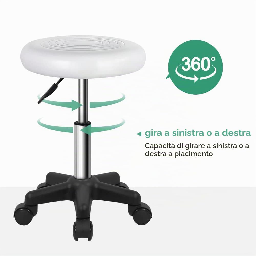 FURWOO Sgabello girevole rotondo con ruote PU Leahter Sgabello rotante altezza regolabile per Spa Salon Massaggio Bianco